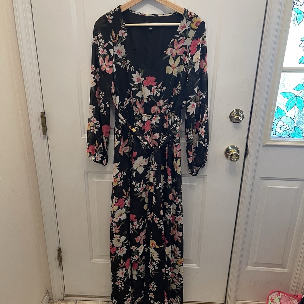 INC International Concepts Black Floral Maxi Dress Sz 4 Sheer‎ Long Sleeve Flowy